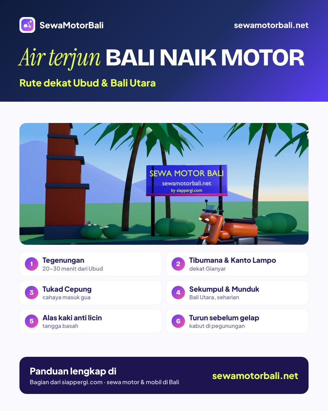 Air terjun Bali naik motor — Rute dekat Ubud & Bali Utara (pamflet sewamotorbali.net, bagian dari siappergi.com)