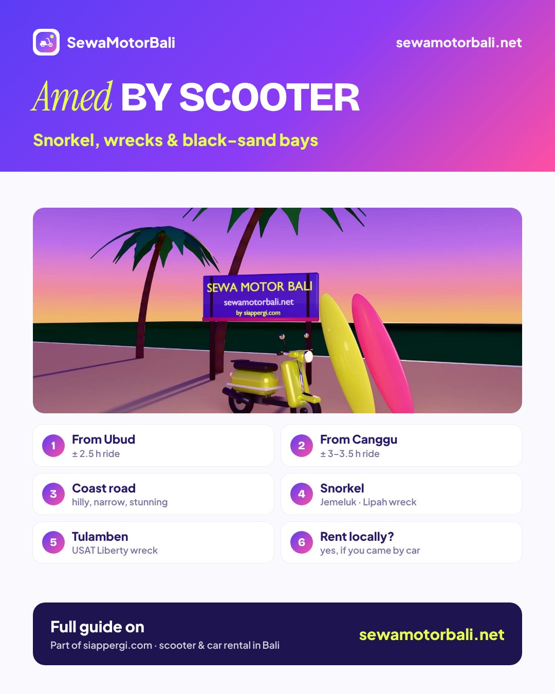 Amed by scooter — Snorkel, wrecks & black-sand bays (pamphlet by sewamotorbali.net, part of siappergi.com)