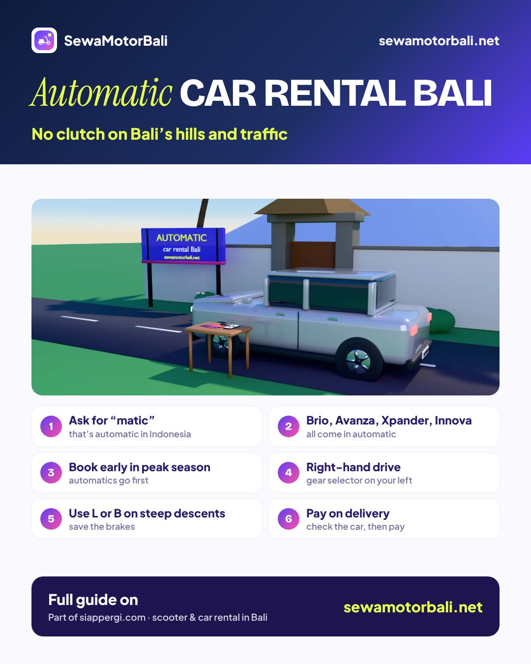 Automatic car rental Bali — No clutch on Bali’s hills and traffic (pamphlet by sewamotorbali.net, part of siappergi.com)