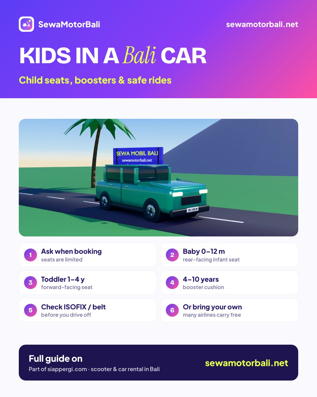 Kids in a Bali car — Child seats, boosters & safe rides (pamphlet by sewamotorbali.net, part of siappergi.com)