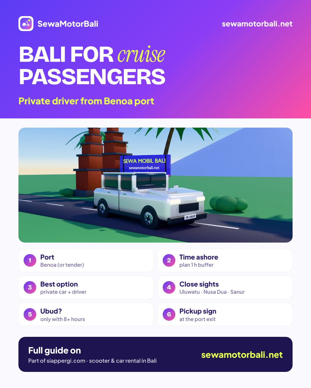 Bali for cruise passengers — Private driver from Benoa port (pamphlet by sewamotorbali.net, part of siappergi.com)