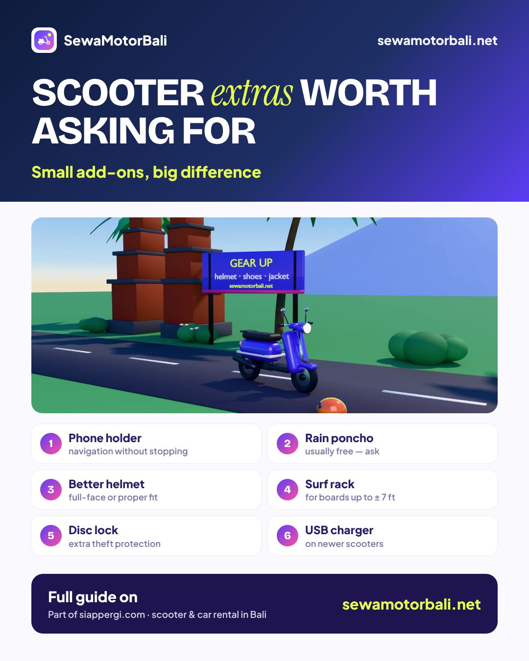 Scooter extras worth asking for — Small add-ons, big difference (pamphlet by sewamotorbali.net, part of siappergi.com)