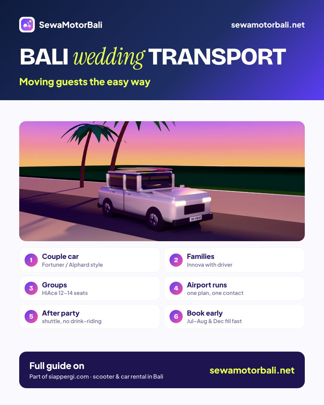 Bali wedding transport — Moving guests the easy way (pamphlet by sewamotorbali.net, part of siappergi.com)