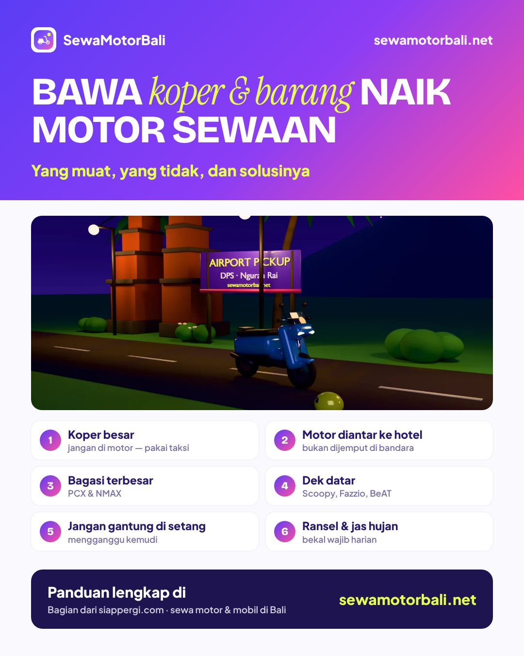 Bawa koper & barang naik motor sewaan — Yang muat, yang tidak, dan solusinya (pamflet sewamotorbali.net, bagian dari siappergi.com)