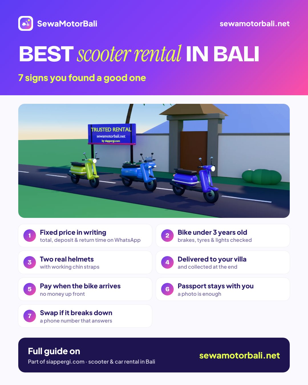 Best scooter rental in Bali — 7 signs you found a good one (pamphlet by sewamotorbali.net, part of siappergi.com)