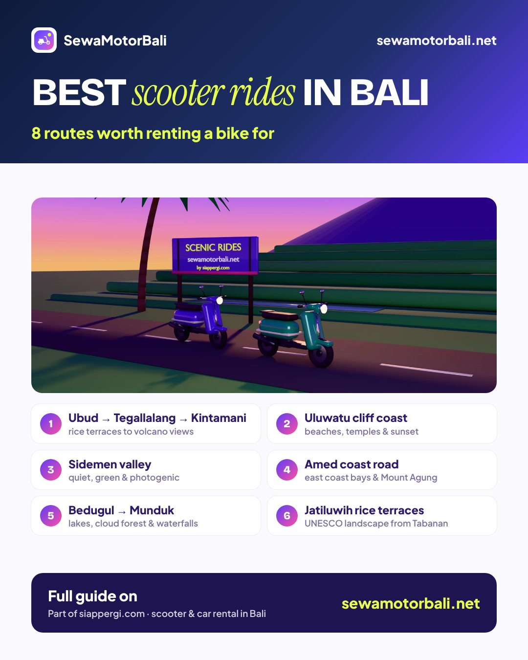 Best scooter rides in Bali — 8 routes worth renting a bike for (pamphlet by sewamotorbali.net, part of siappergi.com)