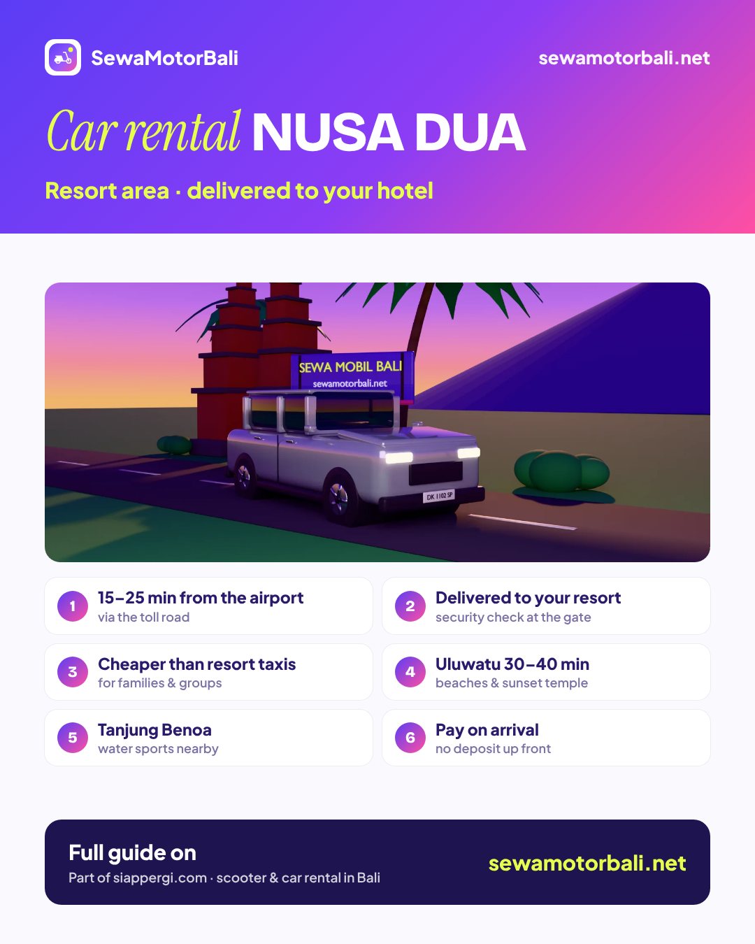 Car rental Nusa Dua — Resort area · delivered to your hotel (pamphlet by sewamotorbali.net, part of siappergi.com)