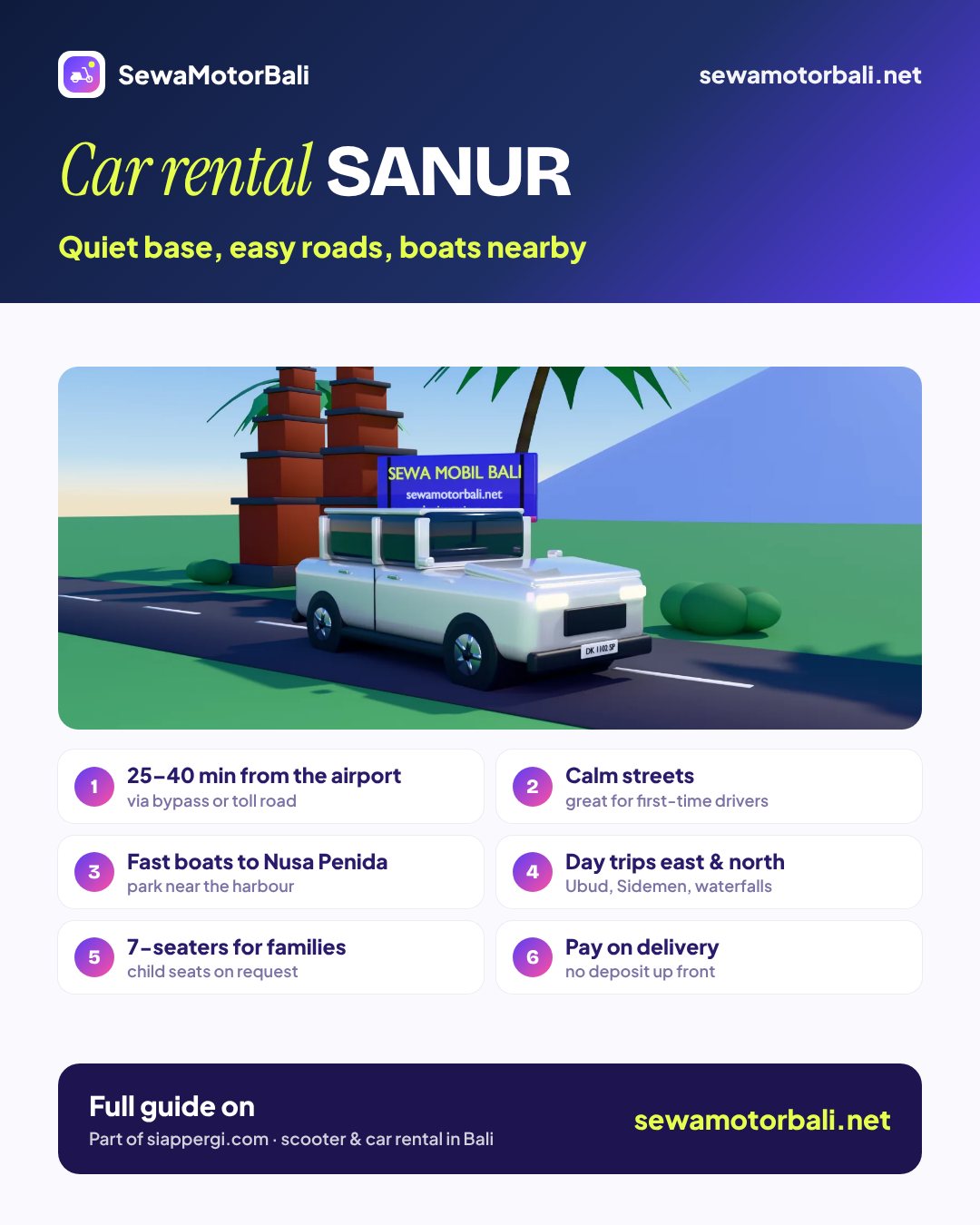 Car rental Sanur — Quiet base, easy roads, boats nearby (pamphlet by sewamotorbali.net, part of siappergi.com)