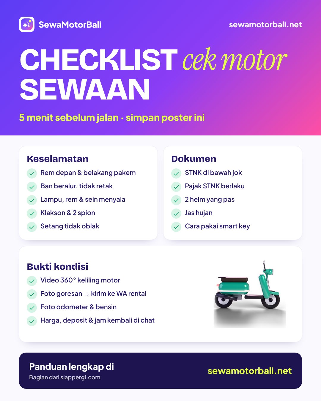 Checklist cek motor sewaan di Bali sebelum jalan: rem, ban, lampu, STNK, helm, foto & video — sewamotorbali.net by siappergi.com