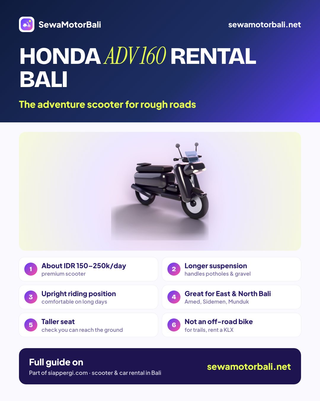 Honda ADV 160 rental Bali — The adventure scooter for rough roads (pamphlet by sewamotorbali.net, part of siappergi.com)
