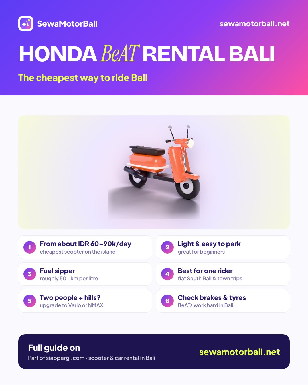 Honda BeAT rental Bali — The cheapest way to ride Bali (pamphlet by sewamotorbali.net, part of siappergi.com)