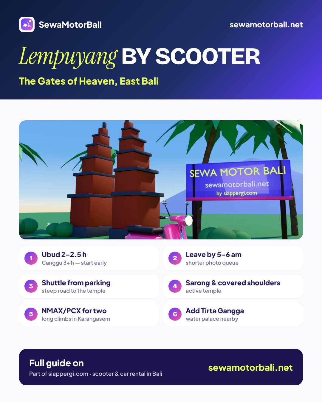 Lempuyang by scooter — The Gates of Heaven, East Bali (pamphlet by sewamotorbali.net, part of siappergi.com)