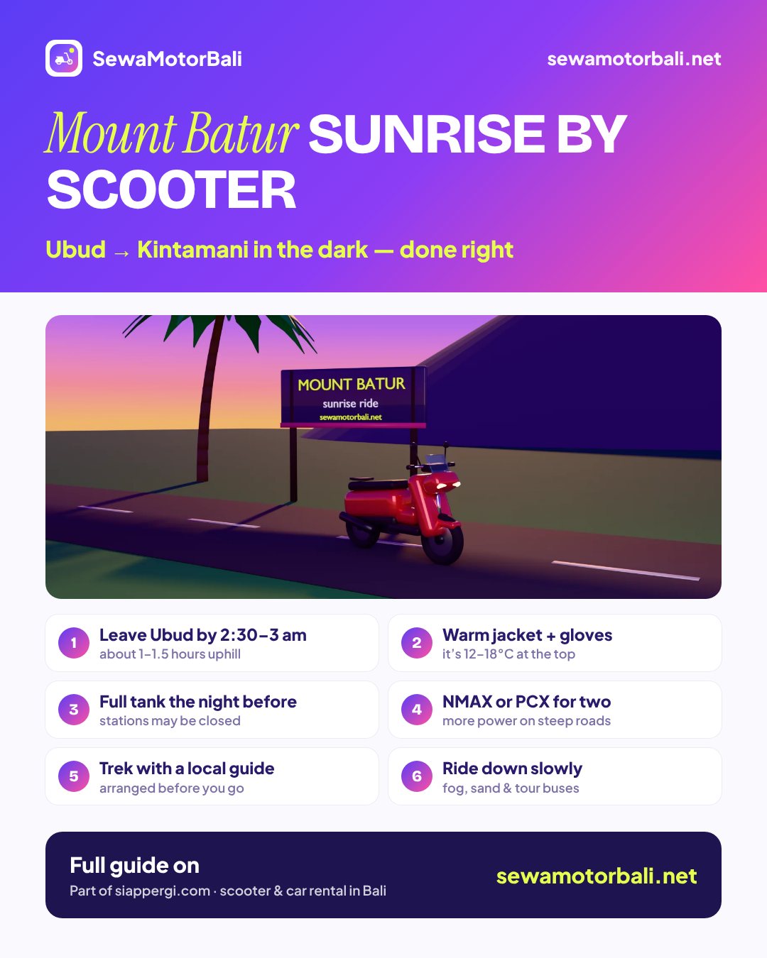 Mount Batur sunrise by scooter — Ubud → Kintamani in the dark — done right (pamphlet by sewamotorbali.net, part of siappergi.com)
