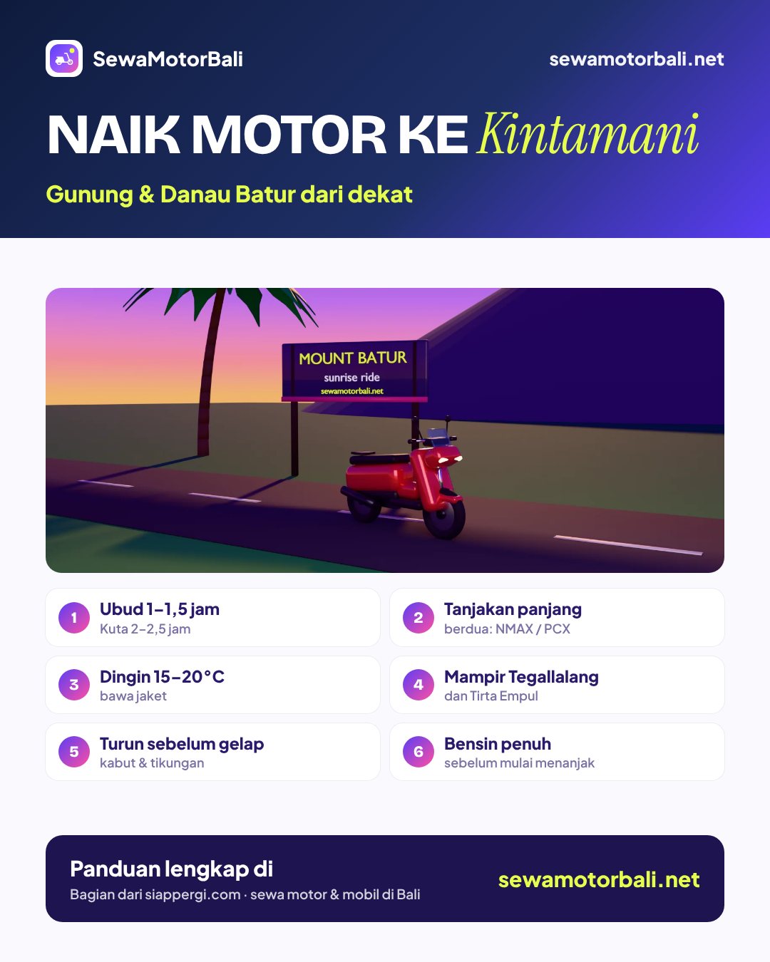 Naik motor ke Kintamani — Gunung & Danau Batur dari dekat (pamflet sewamotorbali.net, bagian dari siappergi.com)