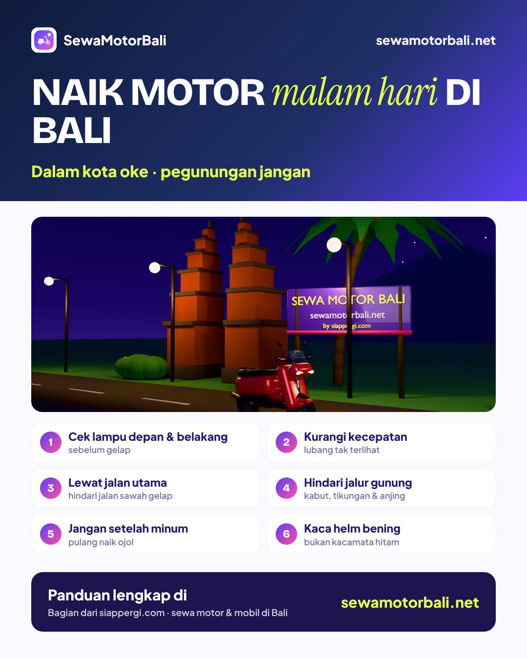 Naik motor malam hari di Bali — Dalam kota oke · pegunungan jangan (pamflet sewamotorbali.net, bagian dari siappergi.com)