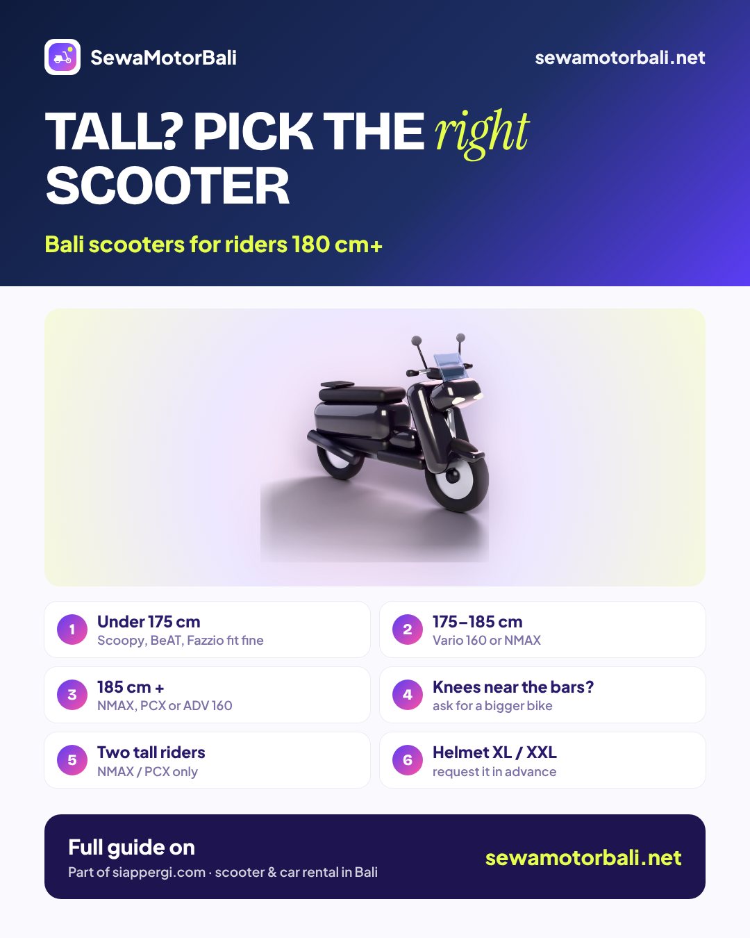 Tall? Pick the right scooter — Bali scooters for riders 180 cm+ (pamphlet by sewamotorbali.net, part of siappergi.com)