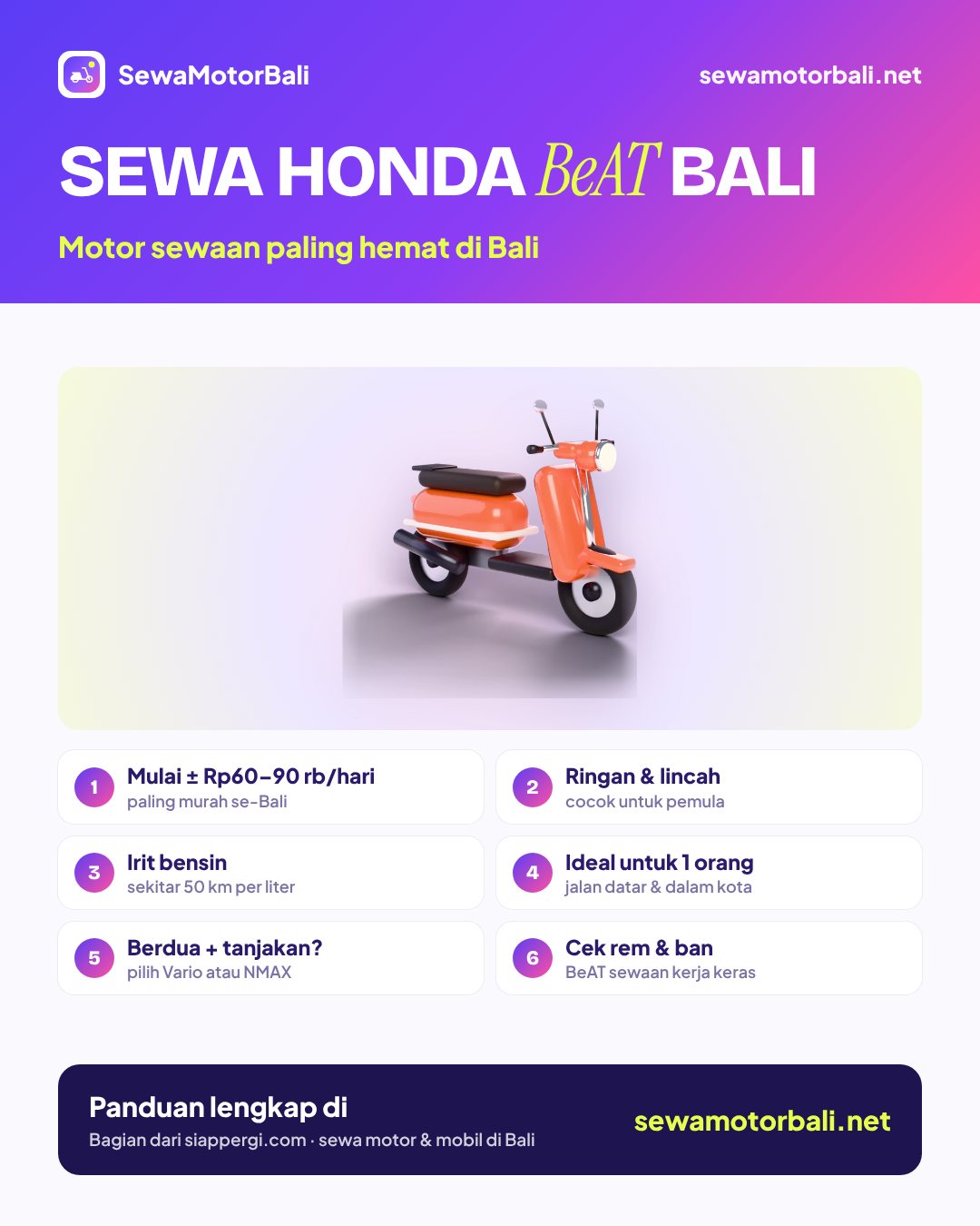 Sewa Honda BeAT Bali — Motor sewaan paling hemat di Bali (pamflet sewamotorbali.net, bagian dari siappergi.com)