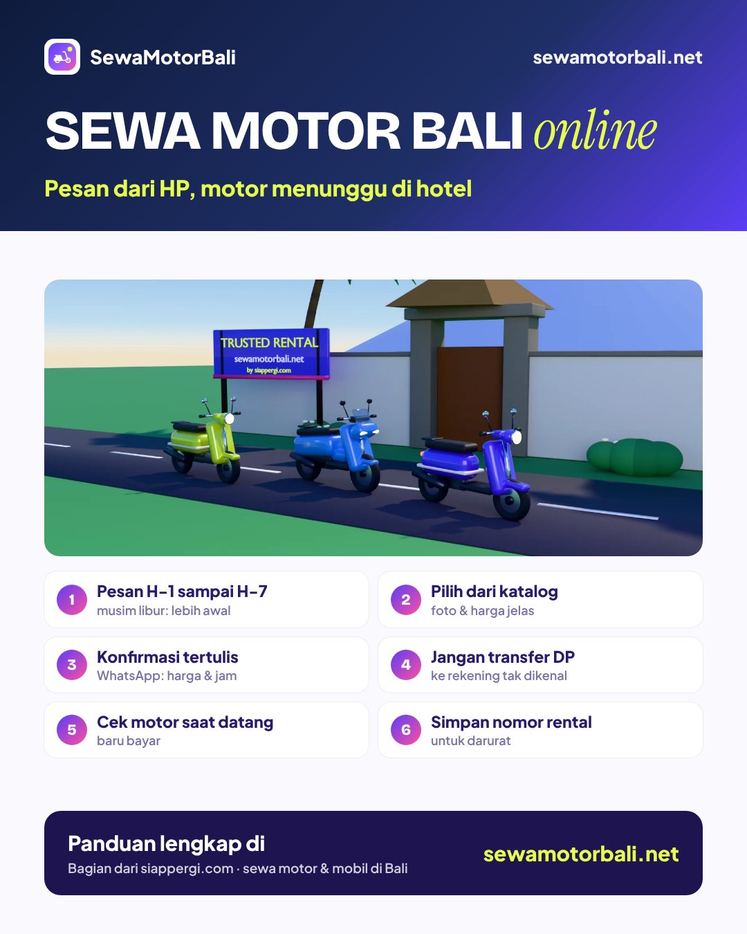 Sewa motor Bali online — Pesan dari HP, motor menunggu di hotel (pamflet sewamotorbali.net, bagian dari siappergi.com)