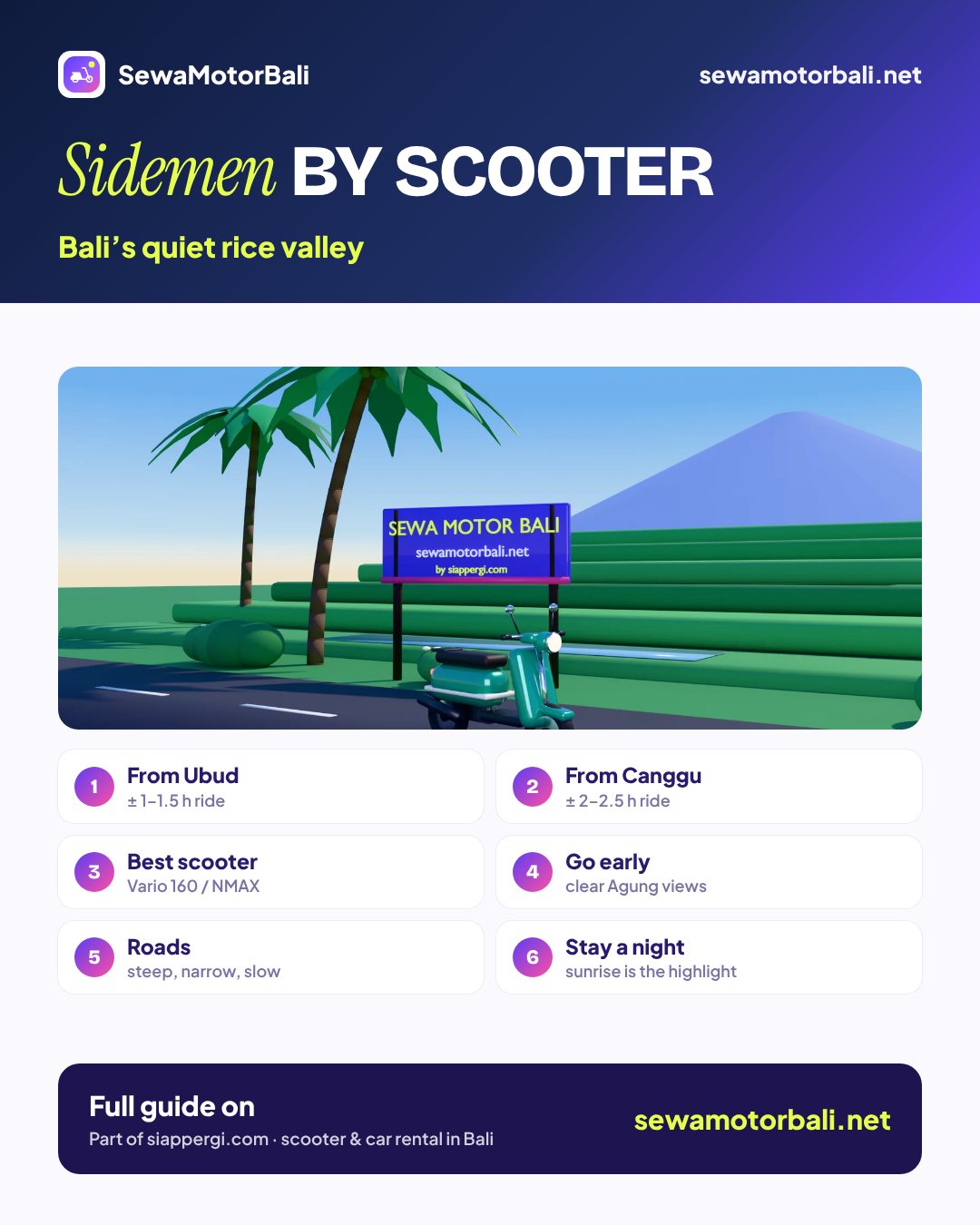 Sidemen by scooter — Bali’s quiet rice valley (pamphlet by sewamotorbali.net, part of siappergi.com)