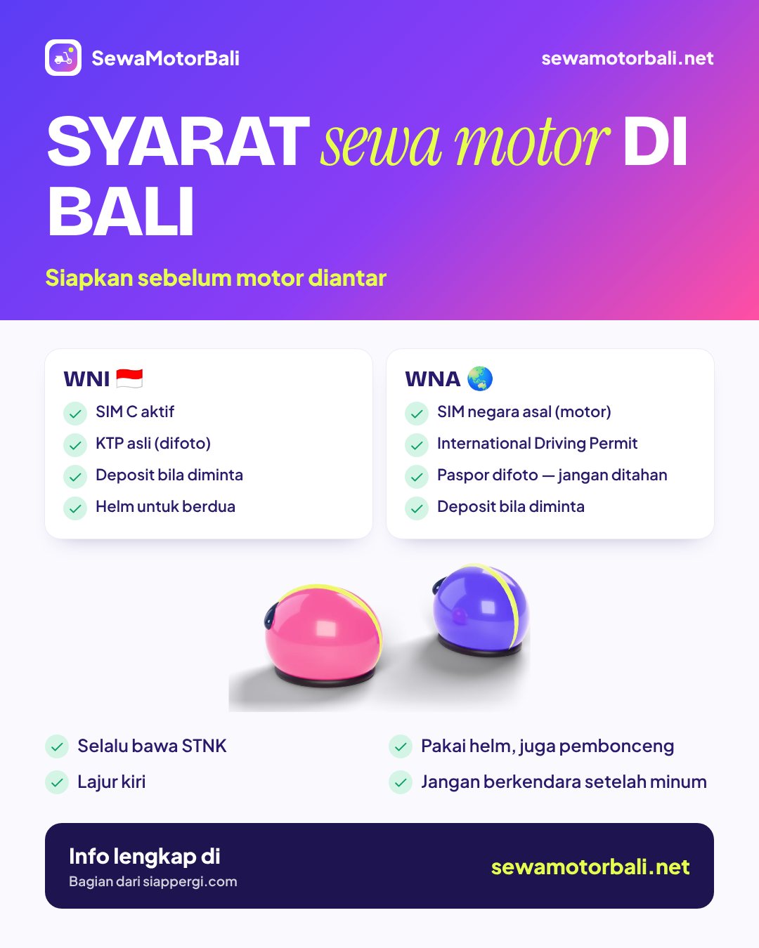 Syarat sewa motor di Bali untuk WNI dan WNA: SIM C, IDP, identitas, deposit, helm — sewamotorbali.net by siappergi.com