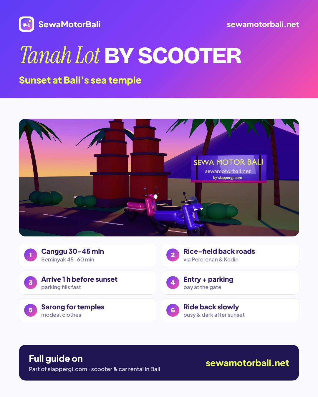 Tanah Lot by scooter — Sunset at Bali’s sea temple (pamphlet by sewamotorbali.net, part of siappergi.com)