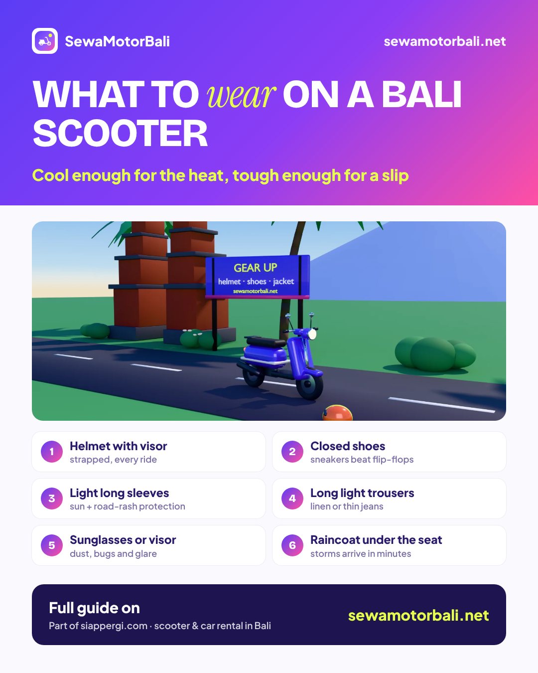 What to wear on a Bali scooter — Cool enough for the heat, tough enough for a slip (pamphlet by sewamotorbali.net, part of siappergi.com)