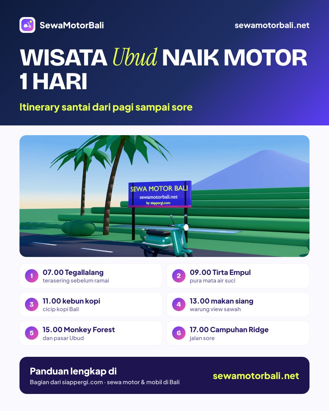 Wisata Ubud naik motor 1 hari — Itinerary santai dari pagi sampai sore (pamflet sewamotorbali.net, bagian dari siappergi.com)