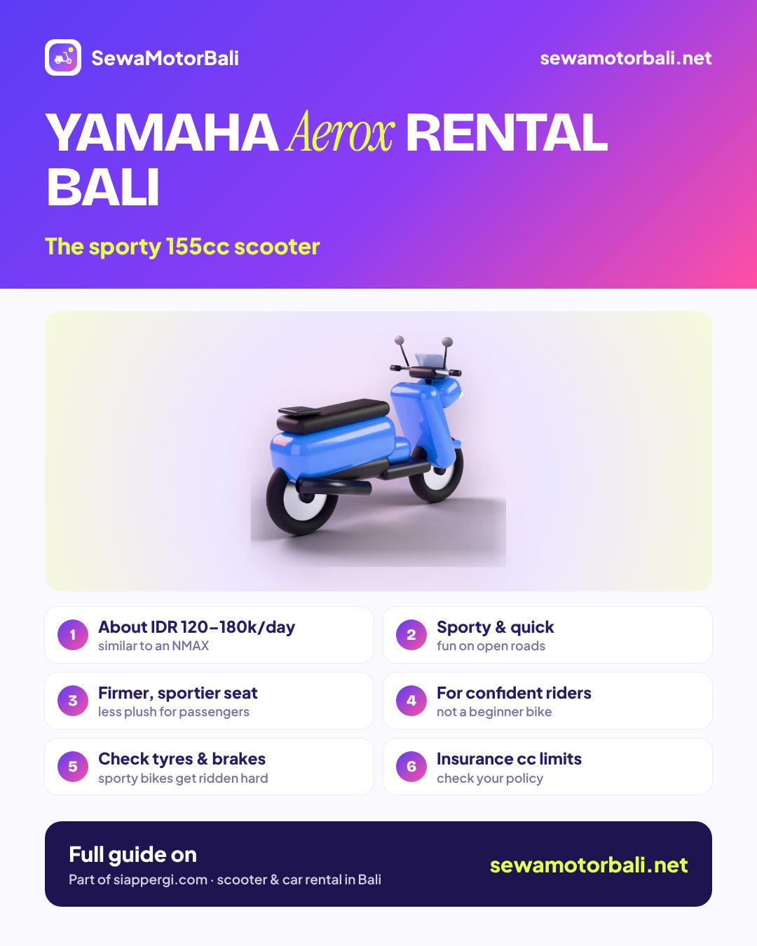 Yamaha Aerox rental Bali — The sporty 155cc scooter (pamphlet by sewamotorbali.net, part of siappergi.com)